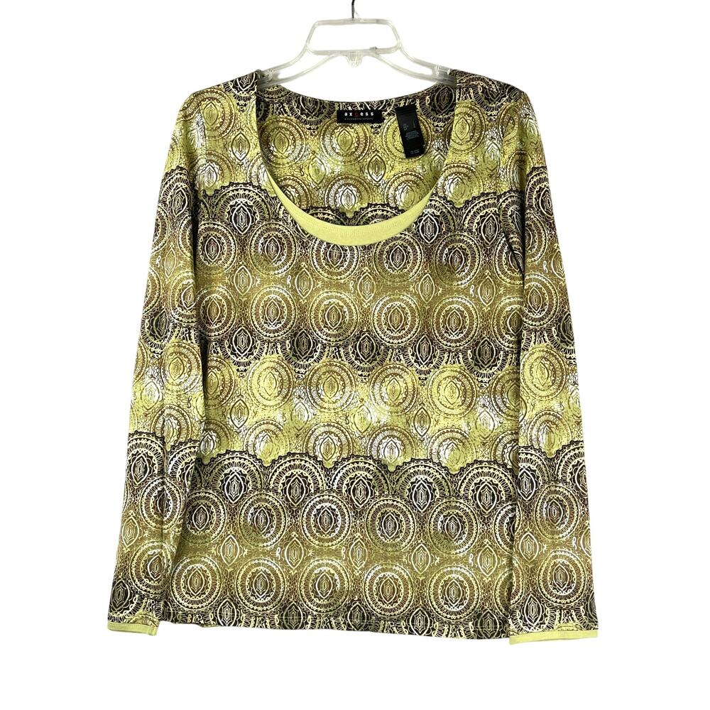 Axcess Y2K long sleeve women's top in green/brown, 100% cotton, size L EUC
